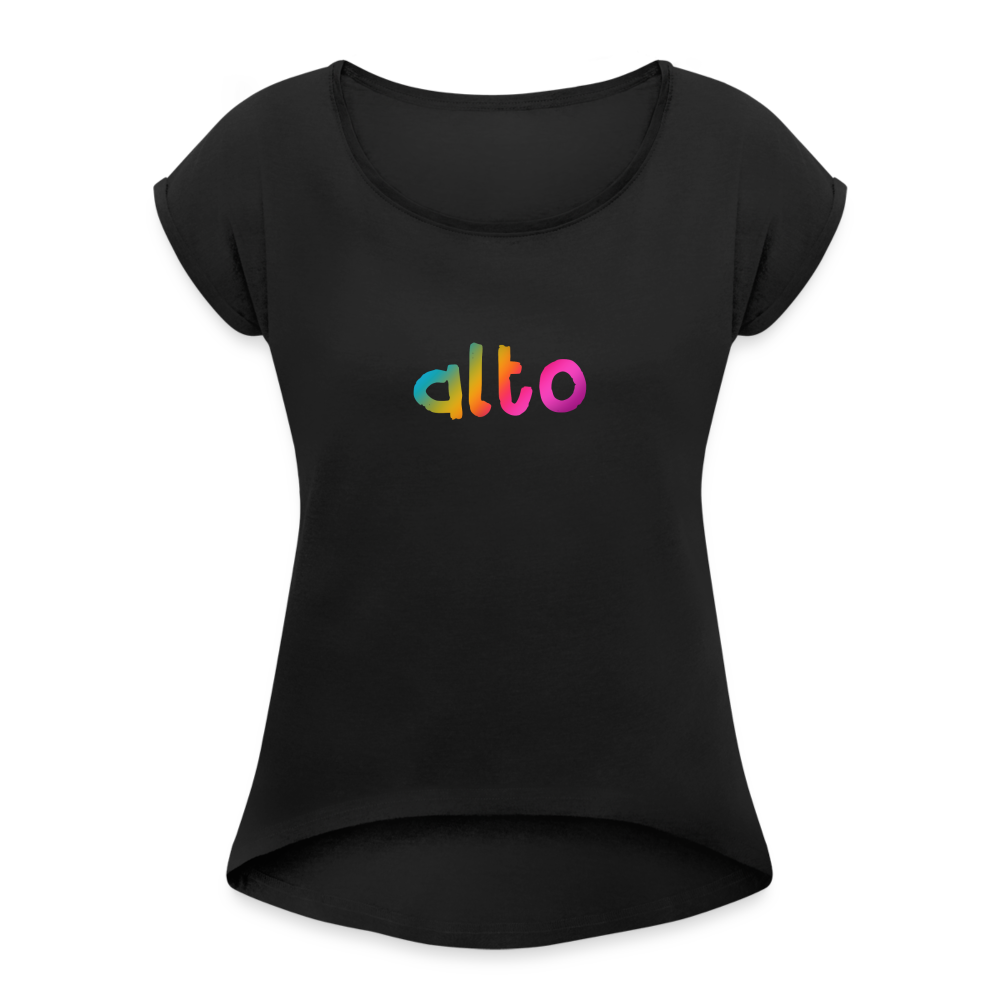 Women’s fit rolled cap sleeve ALTO SINGER rainbow print t-shirt - black