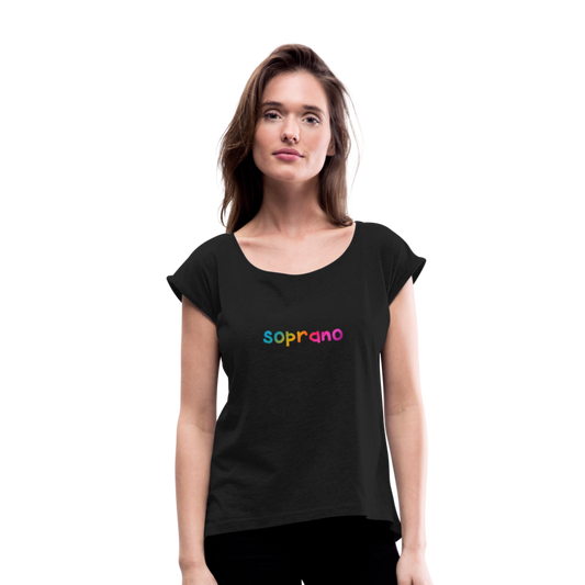 Women’s fit rolled cap sleeve SOPRANO SINGER rainbow print t-shirt - black