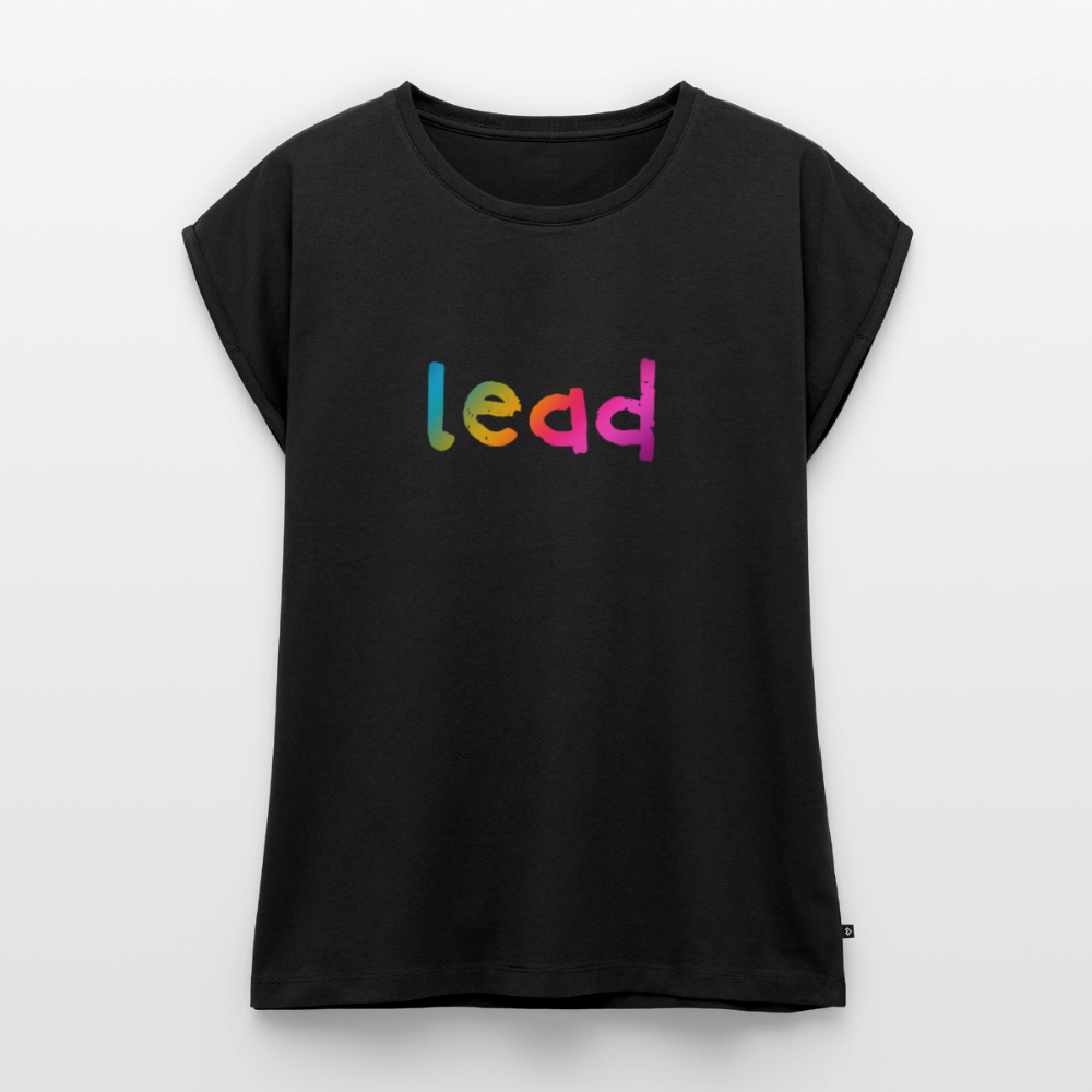 Women’s rainbow print LEAD SINGER T-Shirt with rolled up sleeves - black