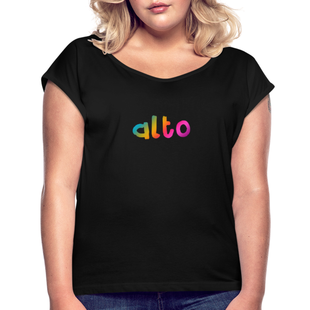 Women’s fit rolled cap sleeve ALTO SINGER rainbow print t-shirt - black