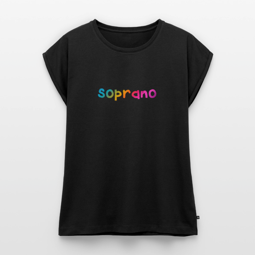 Women’s fit rolled cap sleeve SOPRANO SINGER rainbow print t-shirt - black