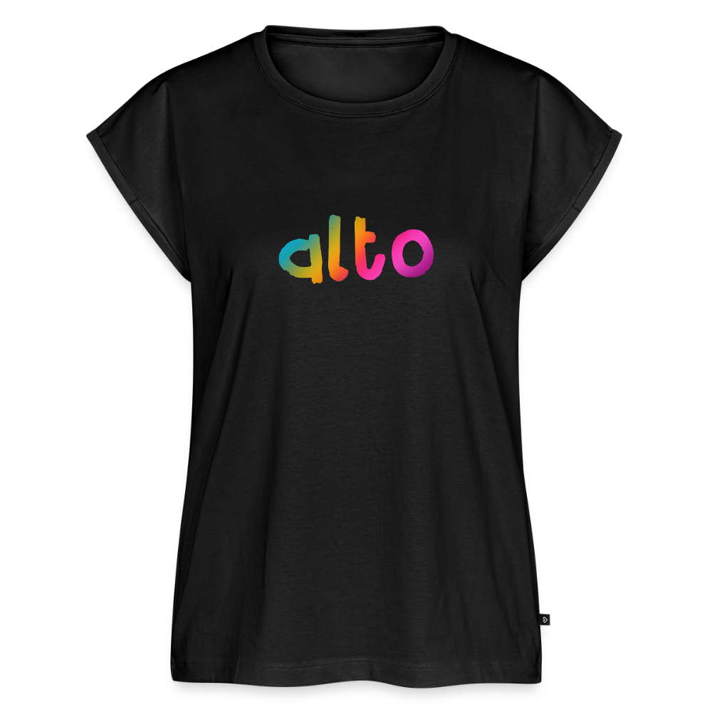 Women’s fit rolled cap sleeve ALTO SINGER rainbow print t-shirt - black
