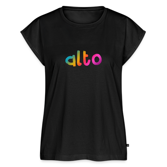 Women’s fit rolled cap sleeve ALTO SINGER rainbow print t-shirt - black