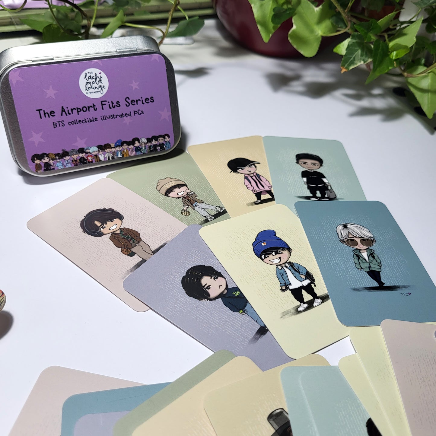 BTS Airport Fits gift tin - illustrated bangtan chibi photocards - perfect ARMY gift