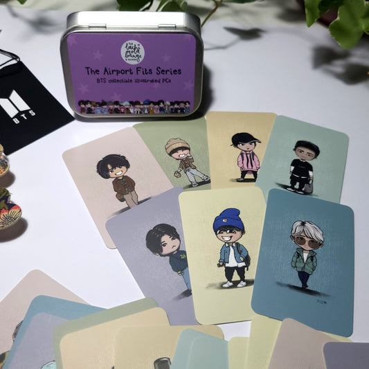 BTS Airport Fits gift tin - illustrated bangtan chibi photocards - perfect ARMY gift