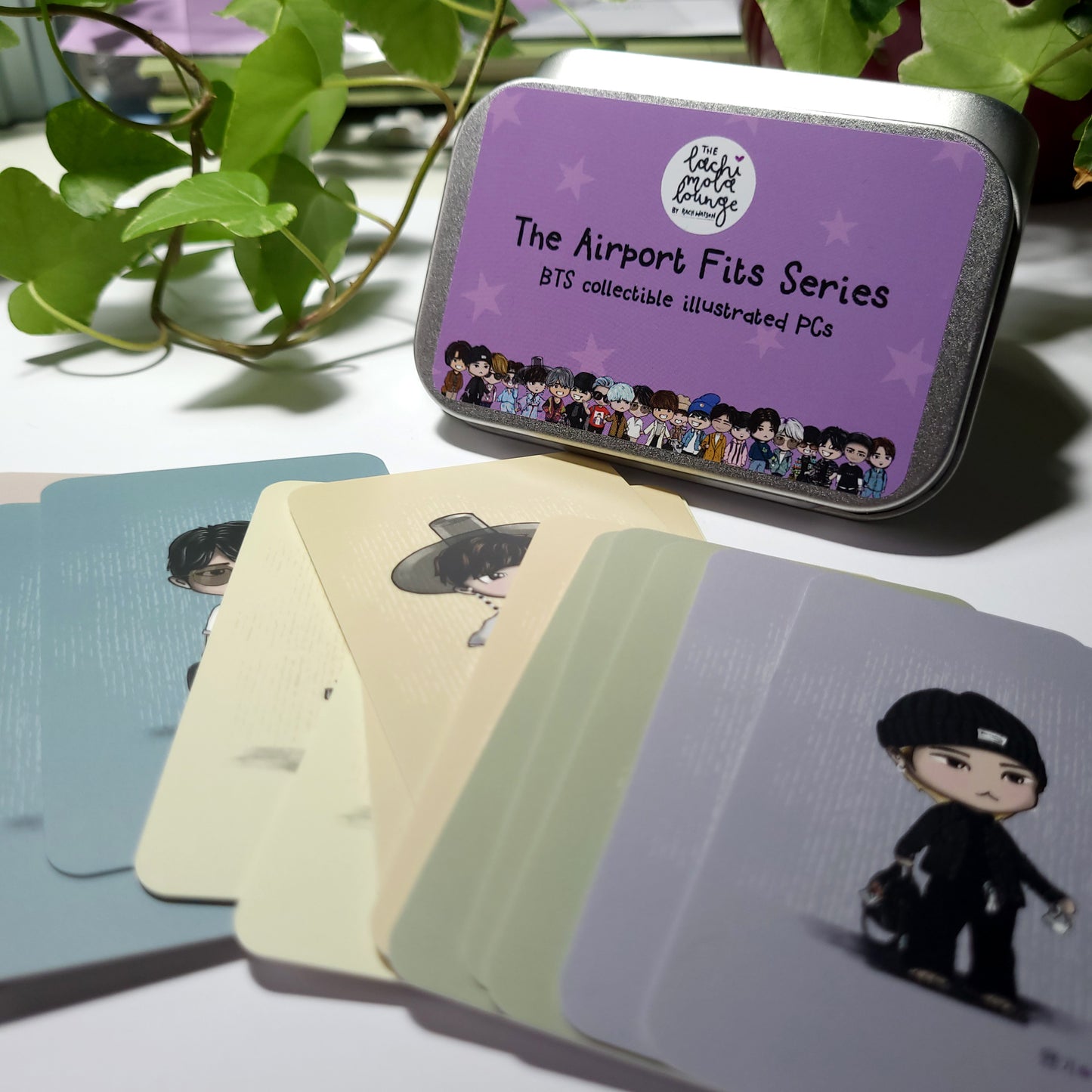 BTS Airport Fits gift tin - illustrated bangtan chibi photocards - perfect ARMY gift