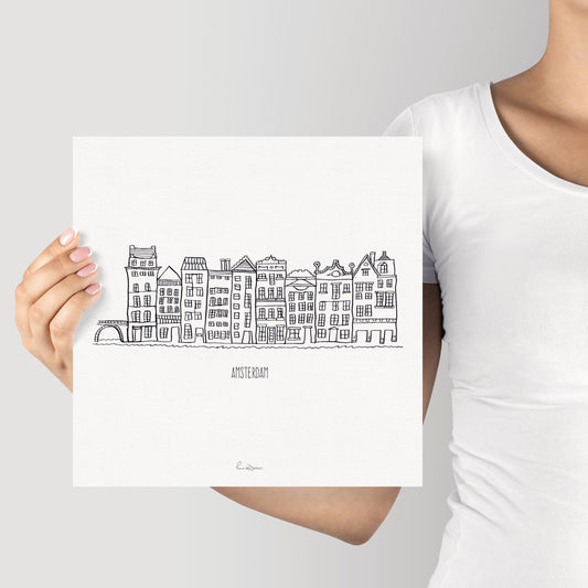 Amsterdam street monochrome sketch art print