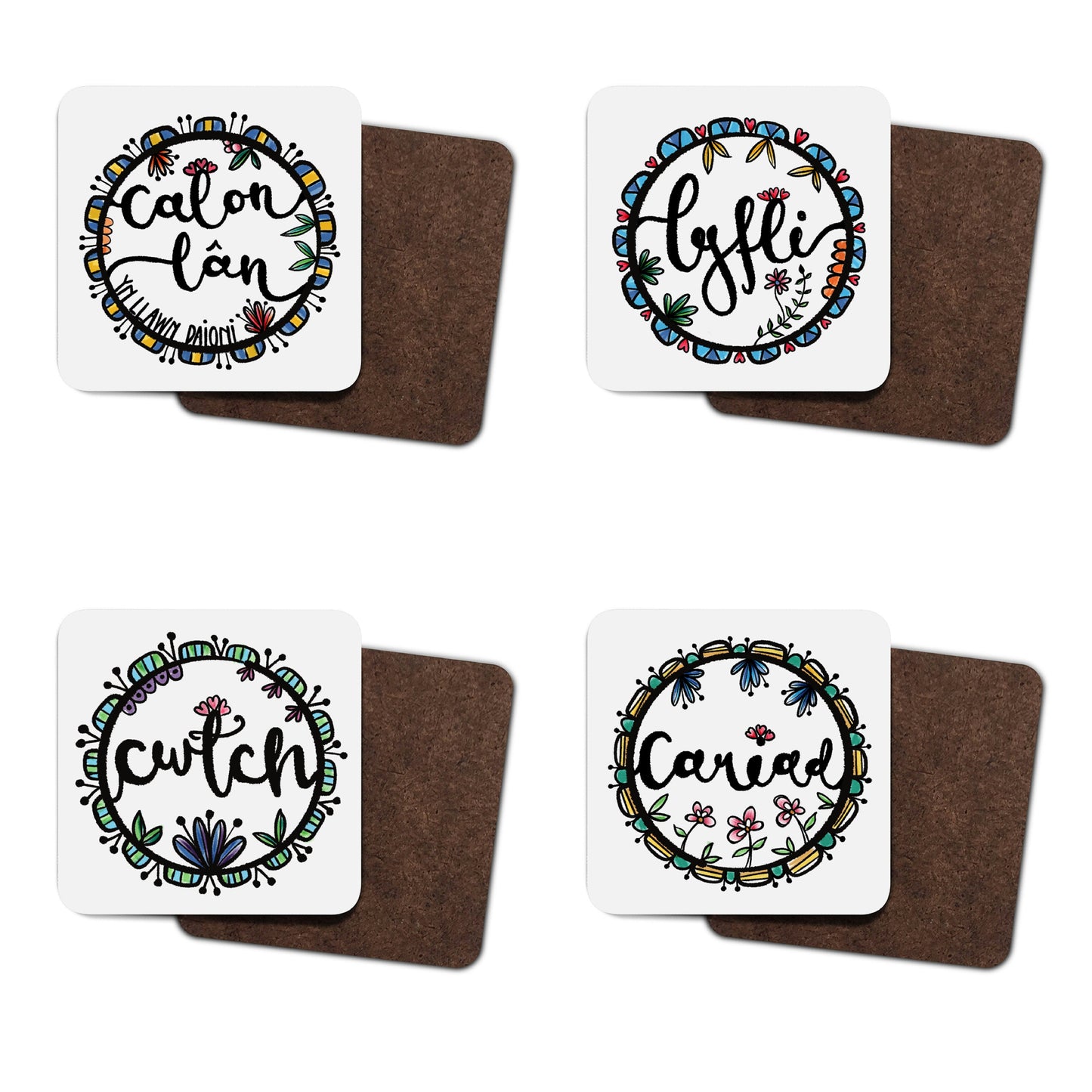 Welsh coaster set, four hardboard coasters, welsh language gift, cwtch lover's present, hugs from Wales, Wales gift