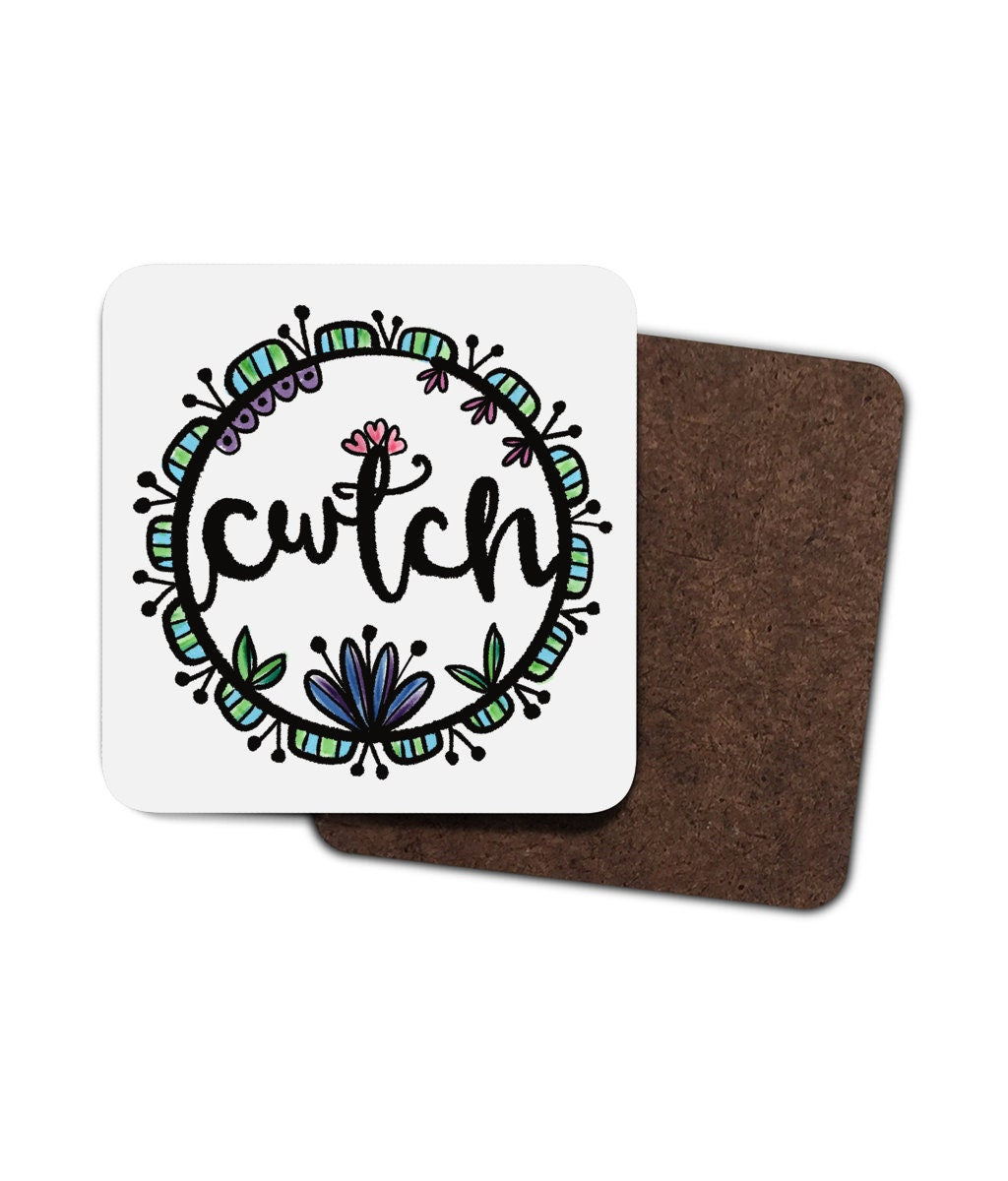 Welsh coaster set, four hardboard coasters, welsh language gift, cwtch lover's present, hugs from Wales, Wales gift