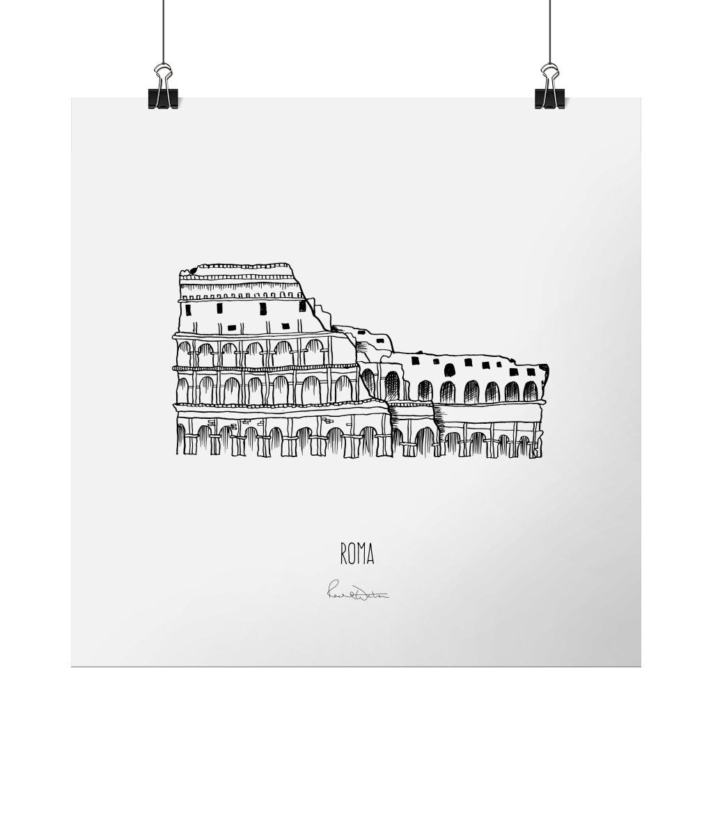 Roma Colosseum print, Europe art print, Italy print, Roman ruins wall art, lustre square paper print, architecture illustration, line art