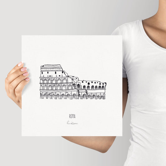 Roma Colosseum print, Europe art print, Italy print, Roman ruins wall art, lustre square paper print, architecture illustration, line art