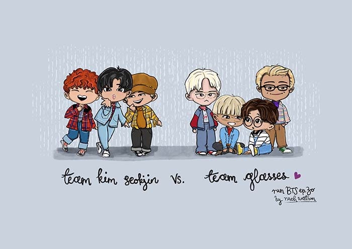 Run BTS Episode 30 chibi art print, archive quality, kpop illustration, bangtan character art, Team Glasses print, Team Kim Seokjin wall art