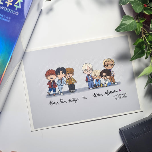 Run BTS Episode 30 chibi art print, archive quality, kpop illustration, bangtan character art, Team Glasses print, Team Kim Seokjin wall art