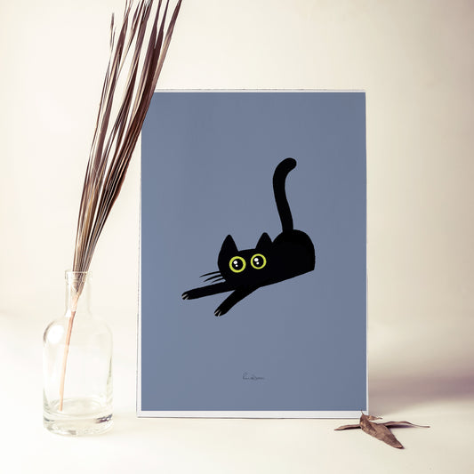 Bear Cat Pounce print, black cat illustration