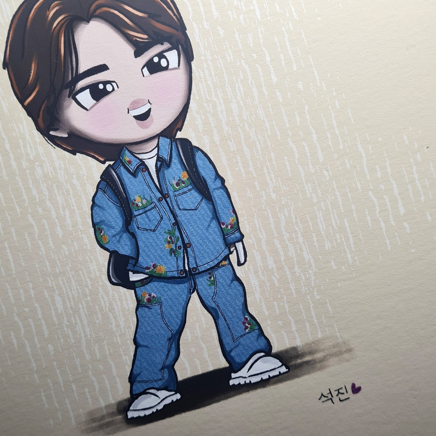 Jin designer LV double denim art print, Seokjin airport fashion, PTD Las Vegas 2022