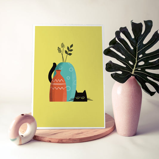 Bear Cat with pots - black cat illustration