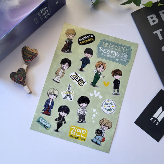 Taehyung MVs BTS chibi sticker sheet, kpop journaling, bangtan stationery