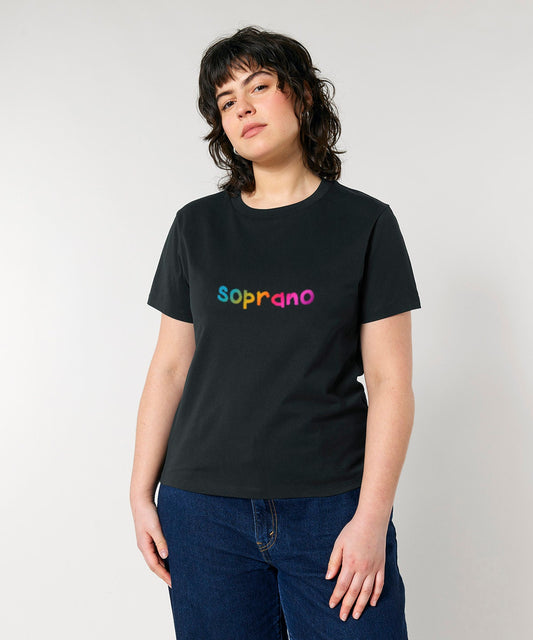 Relaxed women's fit SOPRANO SINGER rainbow print tshirt, organic cotton choir shirt, singing gift