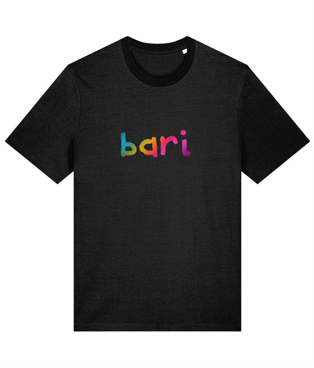 Standard crew fit BARI SINGER rainbow print t-shirt, organic cotton barbershop tee, choir merch