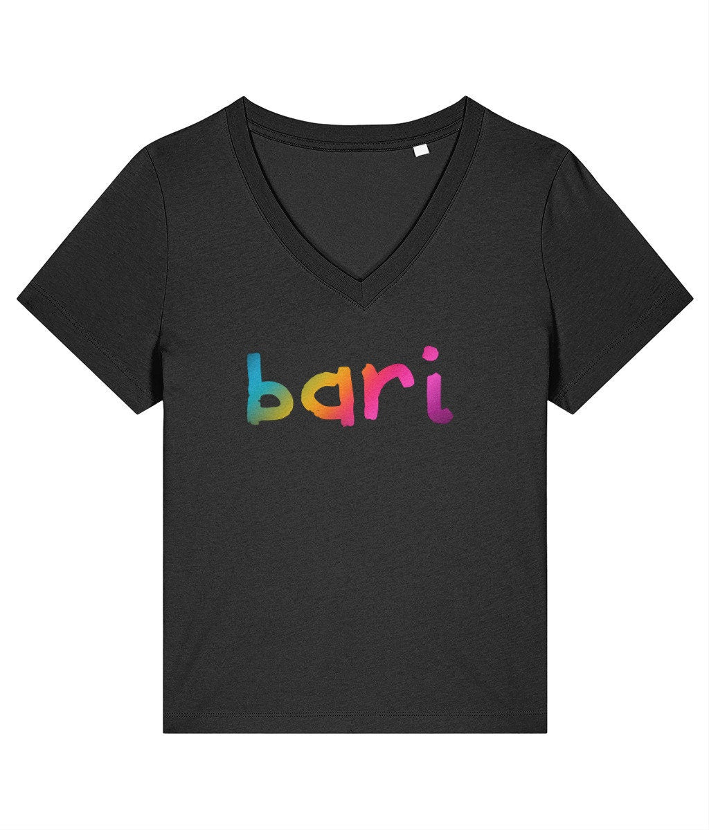 V neck women's fit BARI SINGER rainbow print tshirt, organic cotton choir tee, barbershop merch