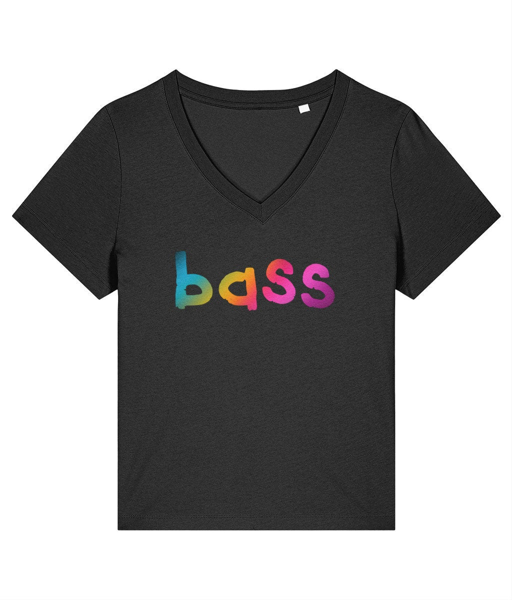 V neck women's fit BASS SINGER rainbow print tshirt, organic cotton barbershop tee, choir singer gift