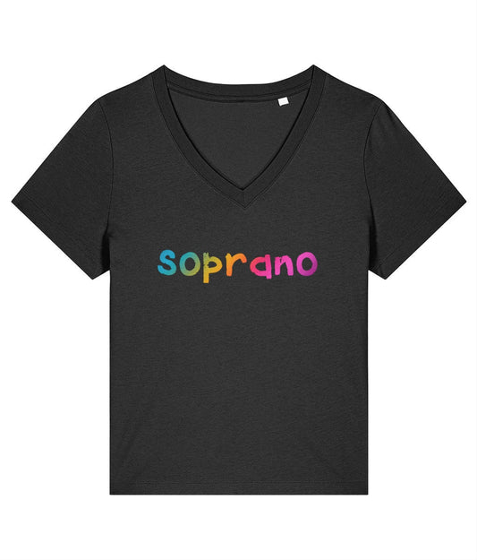 V neck women's fit SOPRANO SINGER rainbow print tshirt, organic cotton choir tee, singing merchandise