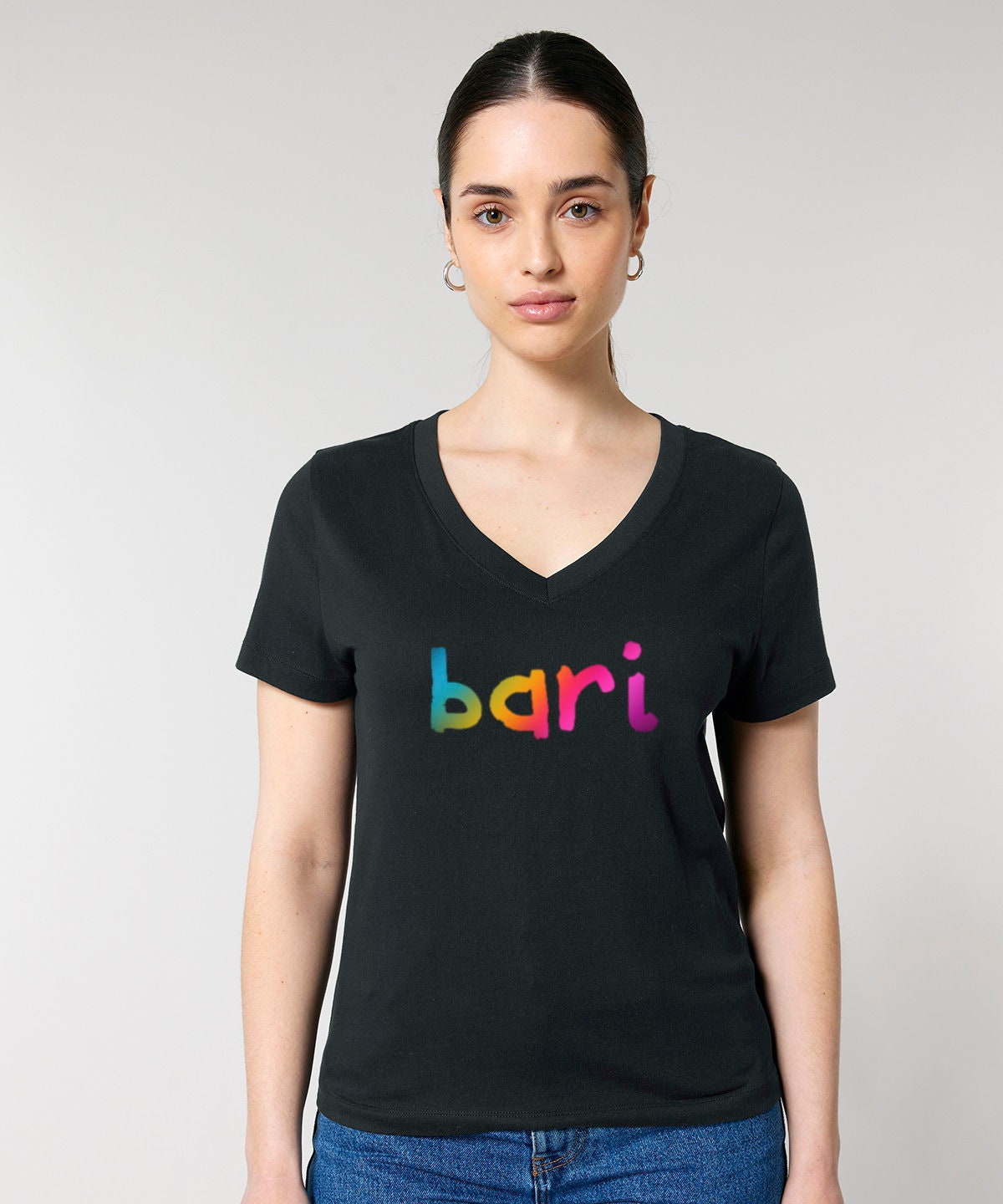 V neck women's fit BARI SINGER rainbow print tshirt, organic cotton choir tee, barbershop merch