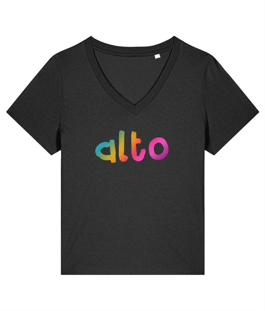 V neck women's fit ALTO SINGER rainbow print tshirt, organic cotton choir tee, singing merch