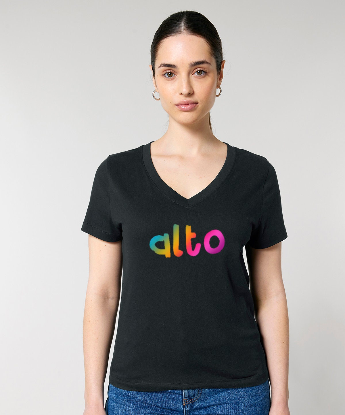 V neck women's fit ALTO SINGER rainbow print tshirt, organic cotton choir tee, singing merch