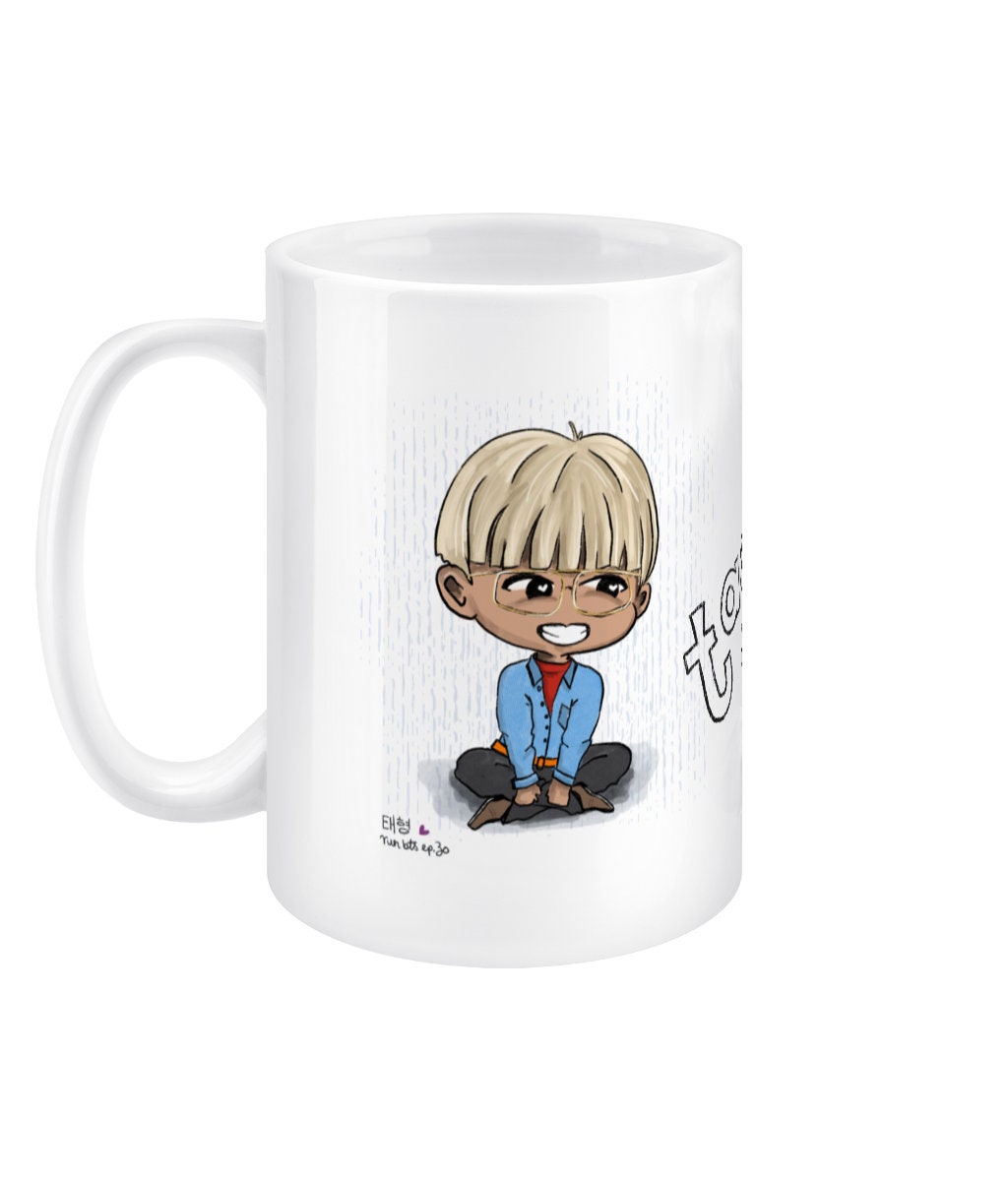 Taehyung Run BTS ep30 mug, BTS Taehyungie fan gift, V merch, 15oz white jumbo ceramic chibi Bangtan mug