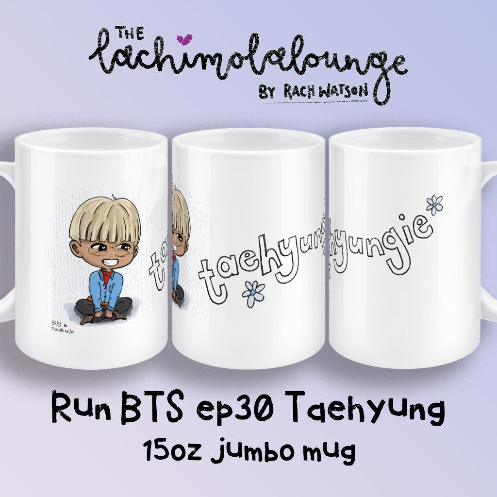 Taehyung Run BTS ep30 mug, BTS Taehyungie fan gift, V merch, 15oz white jumbo ceramic chibi Bangtan mug