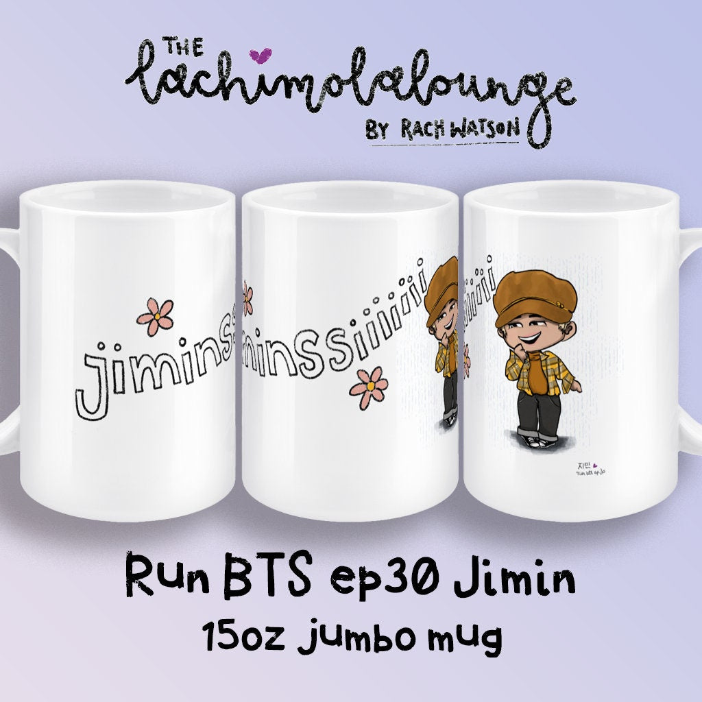 Jimin Run BTS ep30 mug, BTS fan gift, Jiminssi merch, 15oz white jumbo ceramic chibi Bangtan mug