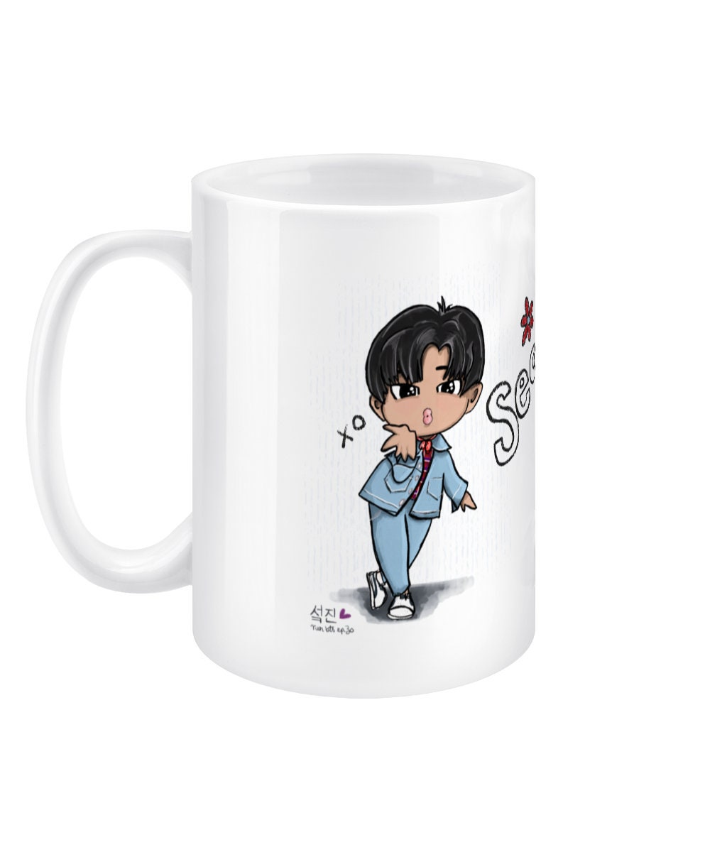 Seokjin Run BTS ep30 mug, BTS fan gift, Jin merch, 15oz white ceramic chibi Bangtan mug