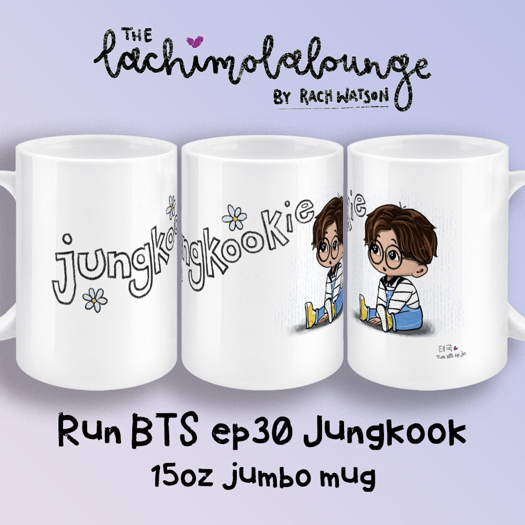 Jungkook Run BTS ep30 mug, BTS JK fan gift, Bangtan merch, 15oz jumbo white ceramic, chibi Bangtan cup